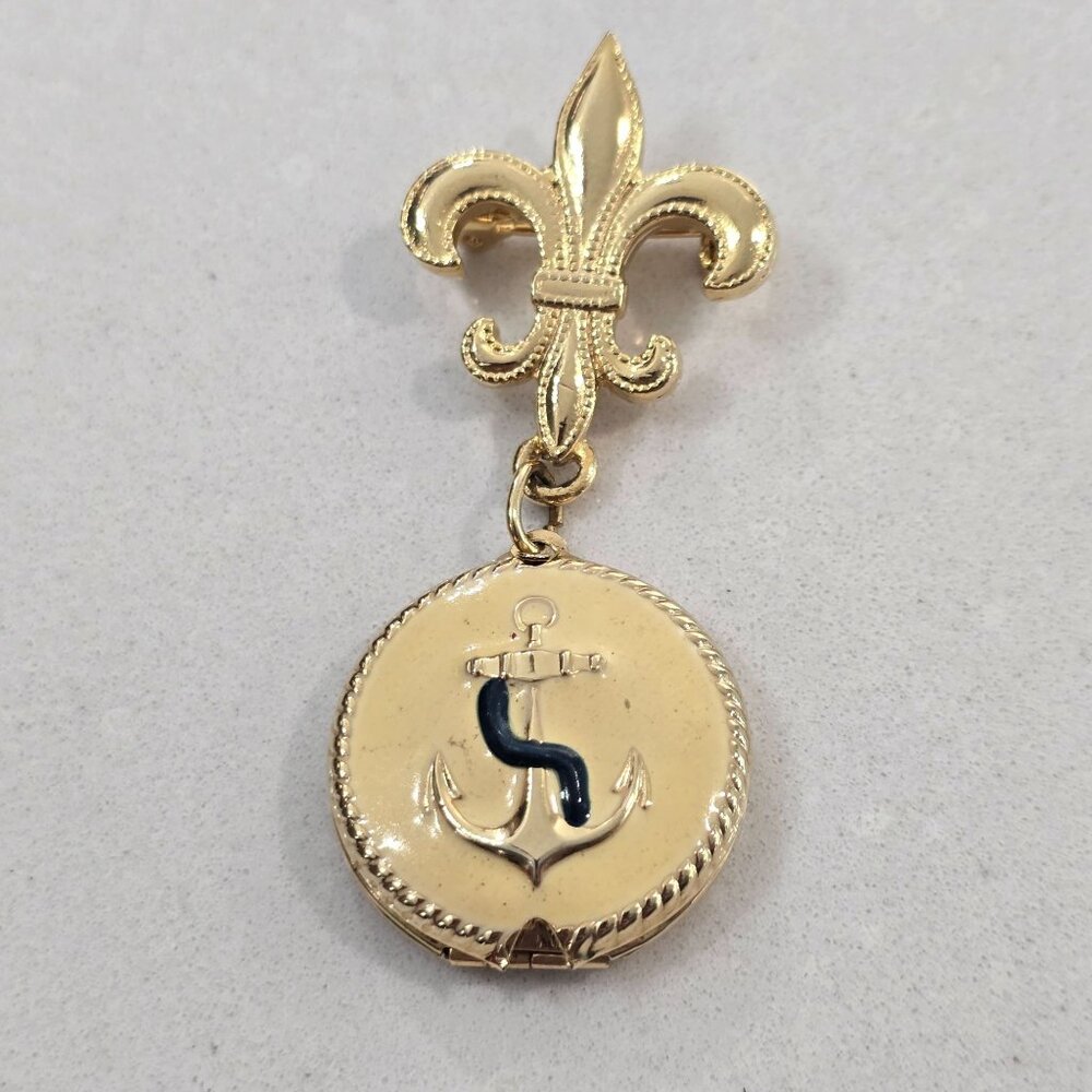 Fleur-De-Lis Anchor Goldtone Locket Brooch Pin Vintage nautical navy white